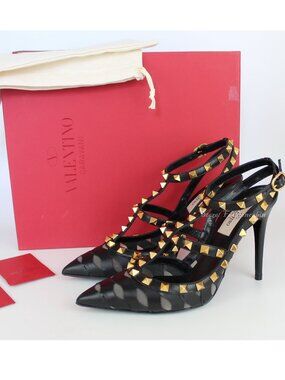 VALENTINO GARAVANI Rockstud Slingback Cutout Leather Pumps EU 37 Black Point Toe